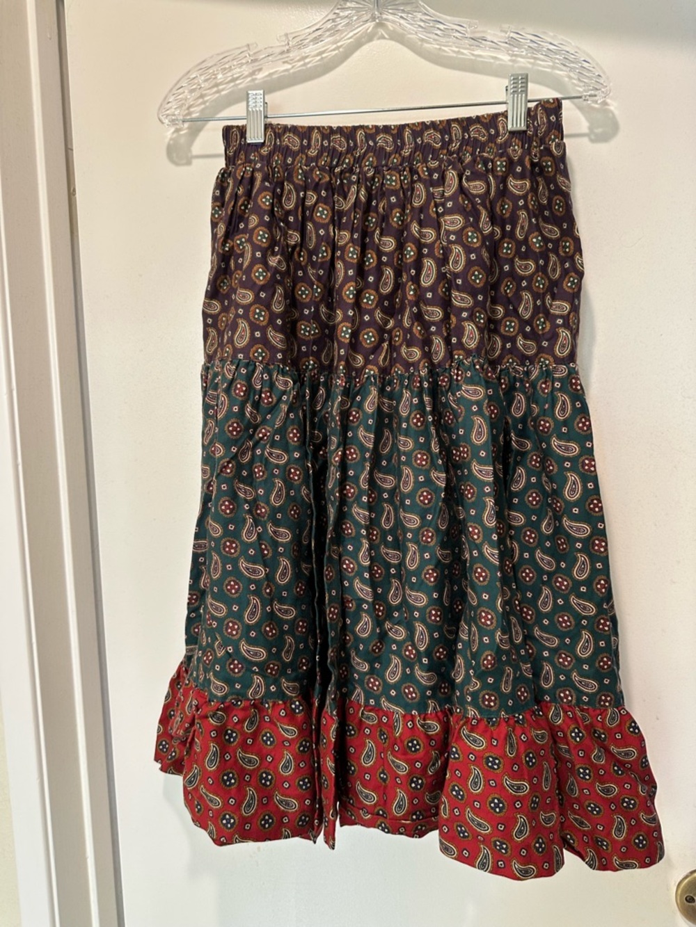 Vintage Sharon Young Tiered Paisley Print Midi Skirt in Green, Brown, and Red